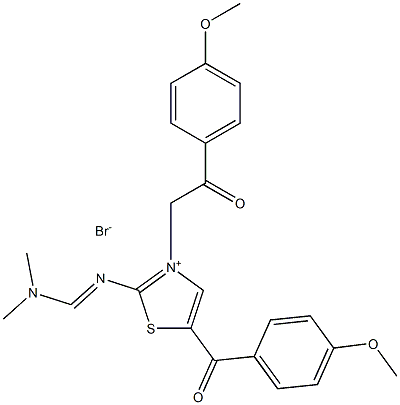 2-{[(dimethylamino)methylene]amino}-5-(4-methoxybenzoyl)-3-[2-(4-methoxyphenyl)-2-oxoethyl]-1,3-thiazol-3-ium bromide 化学構造式