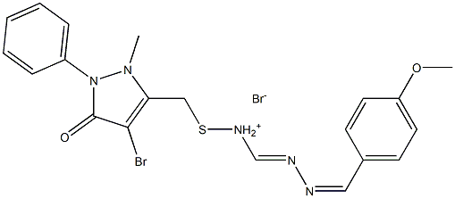 {[(4-bromo-2-methyl-5-oxo-1-phenyl-2,5-dihydro-1H-pyrazol-3-yl)methyl]sulfanyl}{(E)-2-[(Z)-(4-methoxyphenyl)methylidene]hydrazono}methanaminium bromid Structure