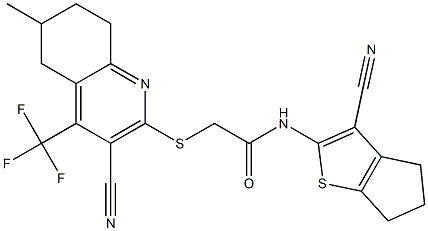 N-(3-cyano-5,6-dihydro-4H-cyclopenta[b]thiophen-2-yl)-2-{[3-cyano-6-methyl-4-(trifluoromethyl)-5,6,7,8-tetrahydro-2-quinolinyl]sulfanyl}acetamide Struktur