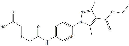 2-{[2-({6-[4-(ethoxycarbonyl)-3,5-dimethyl-1H-pyrazol-1-yl]-3-pyridinyl}amino)-2-oxoethyl]sulfanyl}acetic acid Struktur