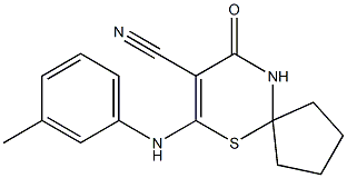 9-oxo-7-(3-toluidino)-6-thia-10-azaspiro[4.5]dec-7-ene-8-carbonitrile Struktur