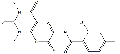 2,4-dichloro-N-(1,3-dimethyl-2,4,7-trioxo-1,3,4,7-tetrahydro-2H-pyrano[2,3-d]pyrimidin-6-yl)benzenecarboxamide,,结构式