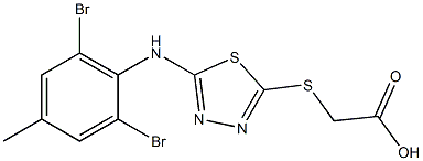 2-({5-[(2,6-dibromo-4-methylphenyl)amino]-1,3,4-thiadiazol-2-yl}sulfanyl)acetic acid Struktur