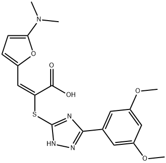 2-Propenoic  acid,  2-[[3-(3,5-dimethoxyphenyl)-1H-1,2,4-triazol-5-yl]thio]-3-[5-(dimethylamino)-2-furanyl]-,  (2E)- Struktur