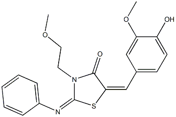 5-(4-hydroxy-3-methoxybenzylidene)-3-(2-methoxyethyl)-2-(phenylimino)-1,3-thiazolidin-4-one 结构式