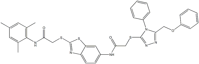 N-(2-{[2-(mesitylamino)-2-oxoethyl]sulfanyl}-1,3-benzothiazol-6-yl)-2-{[5-(phenoxymethyl)-4-phenyl-4H-1,2,4-triazol-3-yl]sulfanyl}acetamide Structure