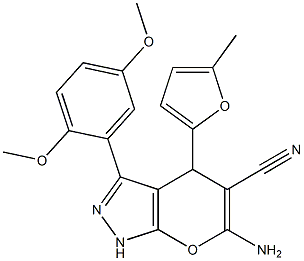 6-amino-3-(2,5-dimethoxyphenyl)-4-(5-methyl-2-furyl)-1,4-dihydropyrano[2,3-c]pyrazole-5-carbonitrile Struktur