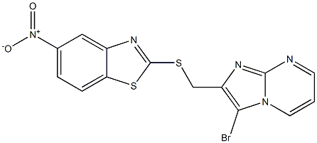 3-bromo-2-[({5-nitro-1,3-benzothiazol-2-yl}sulfanyl)methyl]imidazo[1,2-a]pyrimidine,,结构式