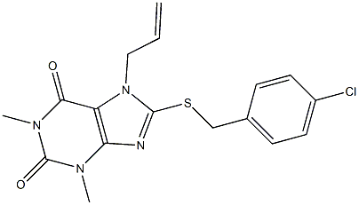 7-allyl-8-[(4-chlorobenzyl)thio]-1,3-dimethyl-3,7-dihydro-1H-purine-2,6-dione,,结构式