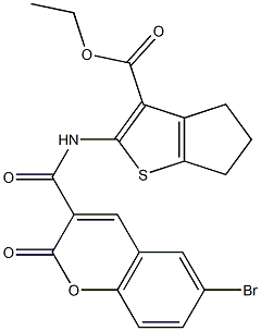 ethyl 2-{[(6-bromo-2-oxo-2H-chromen-3-yl)carbonyl]amino}-5,6-dihydro-4H-cyclopenta[b]thiophene-3-carboxylate Struktur