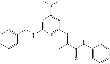 2-{[4-(benzylamino)-6-(dimethylamino)-1,3,5-triazin-2-yl]sulfanyl}-N-phenylpropanamide,,结构式