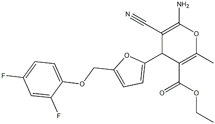 ethyl 6-amino-5-cyano-4-{5-[(2,4-difluorophenoxy)methyl]-2-furyl}-2-methyl-4H-pyran-3-carboxylate,,结构式