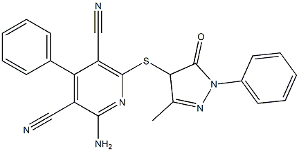 2-amino-6-[(3-methyl-5-oxo-1-phenyl-4,5-dihydro-1H-pyrazol-4-yl)sulfanyl]-4-phenyl-3,5-pyridinedicarbonitrile Struktur
