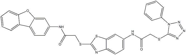 N-(2-{[2-(dibenzo[b,d]furan-3-ylamino)-2-oxoethyl]sulfanyl}-1,3-benzothiazol-6-yl)-2-[(1-phenyl-1H-tetraazol-5-yl)sulfanyl]acetamide Structure