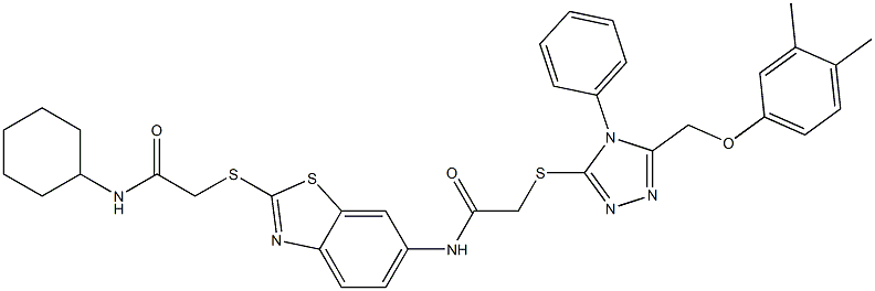 N-(2-{[2-(cyclohexylamino)-2-oxoethyl]sulfanyl}-1,3-benzothiazol-6-yl)-2-({5-[(3,4-dimethylphenoxy)methyl]-4-phenyl-4H-1,2,4-triazol-3-yl}sulfanyl)acetamide Struktur