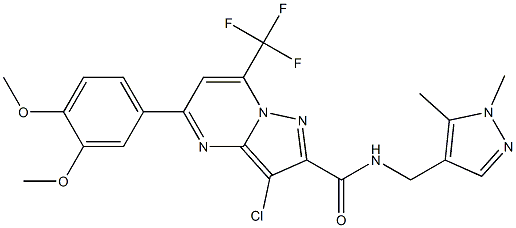 3-chloro-5-(3,4-dimethoxyphenyl)-N-[(1,5-dimethyl-1H-pyrazol-4-yl)methyl]-7-(trifluoromethyl)pyrazolo[1,5-a]pyrimidine-2-carboxamide 化学構造式