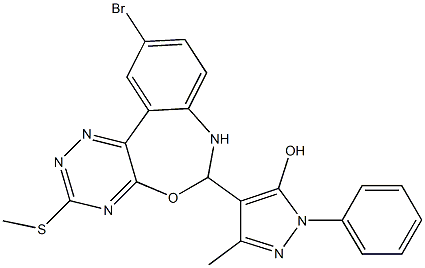 4-[10-bromo-3-(methylsulfanyl)-6,7-dihydro[1,2,4]triazino[5,6-d][3,1]benzoxazepin-6-yl]-3-methyl-1-phenyl-1H-pyrazol-5-ol 结构式