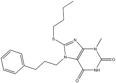 8-(butylsulfanyl)-3-methyl-7-(3-phenylpropyl)-3,7-dihydro-1H-purine-2,6-dione,,结构式