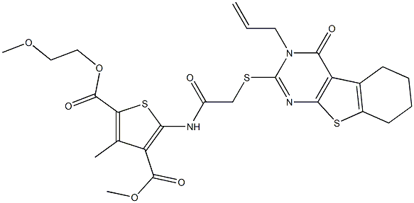 2-(2-methoxyethyl) 4-methyl 5-({[(3-allyl-4-oxo-3,4,5,6,7,8-hexahydro[1]benzothieno[2,3-d]pyrimidin-2-yl)sulfanyl]acetyl}amino)-3-methyl-2,4-thiophenedicarboxylate Struktur