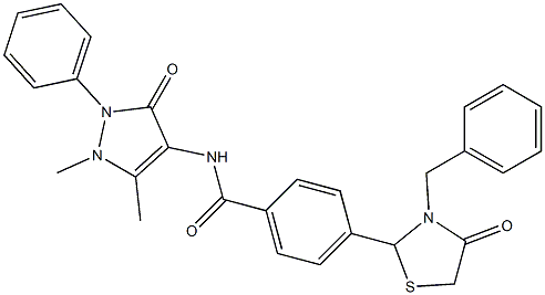 4-(3-benzyl-4-oxo-1,3-thiazolidin-2-yl)-N-(1,5-dimethyl-3-oxo-2-phenyl-2,3-dihydro-1H-pyrazol-4-yl)benzamide,,结构式