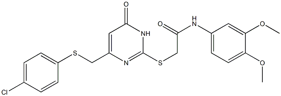 2-[(4-{[(4-chlorophenyl)sulfanyl]methyl}-6-oxo-1,6-dihydro-2-pyrimidinyl)sulfanyl]-N-(3,4-dimethoxyphenyl)acetamide,,结构式