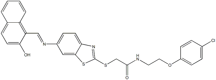 N-[2-(4-chlorophenoxy)ethyl]-2-[(6-{[(2-hydroxy-1-naphthyl)methylene]amino}-1,3-benzothiazol-2-yl)sulfanyl]acetamide Structure