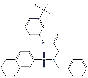 2-[benzyl(2,3-dihydro-1,4-benzodioxin-6-ylsulfonyl)amino]-N-[3-(trifluoromethyl)phenyl]acetamide Struktur