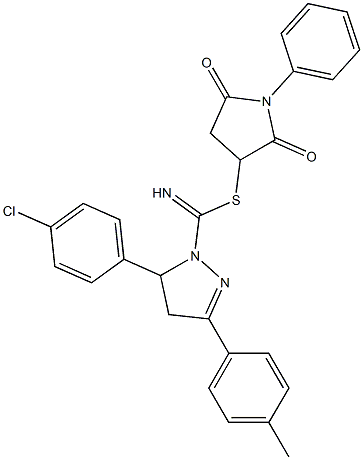 2,5-dioxo-1-phenyl-3-pyrrolidinyl 5-(4-chlorophenyl)-3-(4-methylphenyl)-4,5-dihydro-1H-pyrazole-1-carbimidothioate 化学構造式