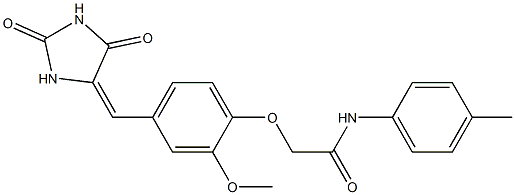 2-{4-[(2,5-dioxo-4-imidazolidinylidene)methyl]-2-methoxyphenoxy}-N-(4-methylphenyl)acetamide Struktur