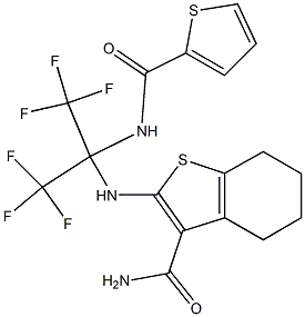 2-{[2,2,2-trifluoro-1-[(2-thienylcarbonyl)amino]-1-(trifluoromethyl)ethyl]amino}-4,5,6,7-tetrahydro-1-benzothiophene-3-carboxamide Struktur