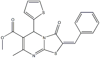 methyl 2-benzylidene-7-methyl-3-oxo-5-(2-thienyl)-2,3-dihydro-5H-[1,3]thiazolo[3,2-a]pyrimidine-6-carboxylate 化学構造式