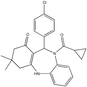 11-(4-chlorophenyl)-10-(cyclopropylcarbonyl)-3,3-dimethyl-2,3,4,5,10,11-hexahydro-1H-dibenzo[b,e][1,4]diazepin-1-one,,结构式