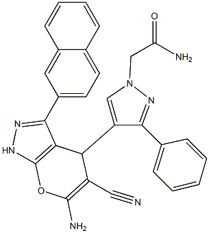 2-{4-[6-amino-5-cyano-3-(2-naphthyl)-1,4-dihydropyrano[2,3-c]pyrazol-4-yl]-3-phenyl-1H-pyrazol-1-yl}acetamide,,结构式