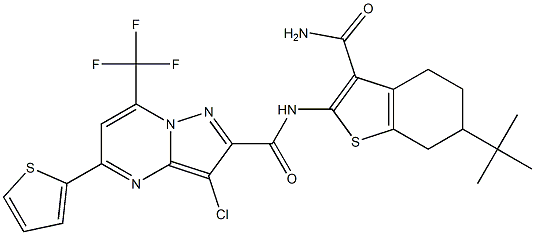N-[3-(aminocarbonyl)-6-tert-butyl-4,5,6,7-tetrahydro-1-benzothien-2-yl]-3-chloro-5-(2-thienyl)-7-(trifluoromethyl)pyrazolo[1,5-a]pyrimidine-2-carboxamide Struktur