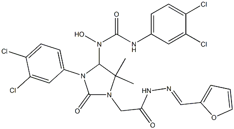 N'-(3,4-dichlorophenyl)-N-(3-(3,4-dichlorophenyl)-1-{2-[2-(2-furylmethylene)hydrazino]-2-oxoethyl}-5,5-dimethyl-2-oxo-4-imidazolidinyl)-N-hydroxyurea 化学構造式