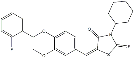 3-cyclohexyl-5-{4-[(2-fluorobenzyl)oxy]-3-methoxybenzylidene}-2-thioxo-1,3-thiazolidin-4-one Struktur