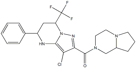 3-chloro-2-(hexahydropyrrolo[1,2-a]pyrazin-2(1H)-ylcarbonyl)-5-phenyl-7-(trifluoromethyl)-4,5,6,7-tetrahydropyrazolo[1,5-a]pyrimidine 化学構造式