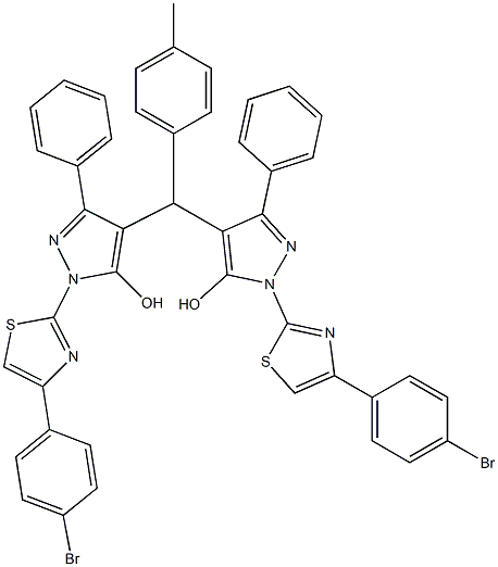 1-[4-(4-bromophenyl)-1,3-thiazol-2-yl]-4-[{1-[4-(4-bromophenyl)-1,3-thiazol-2-yl]-5-hydroxy-3-phenyl-1H-pyrazol-4-yl}(4-methylphenyl)methyl]-3-phenyl-1H-pyrazol-5-ol 结构式