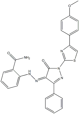 2-(2-{1-[4-(4-methoxyphenyl)-1,3-thiazol-2-yl]-5-oxo-3-phenyl-1,5-dihydro-4H-pyrazol-4-ylidene}hydrazino)benzamide Struktur