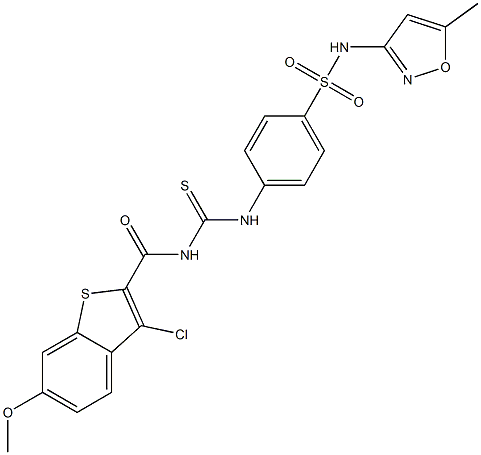 4-[({[(3-chloro-6-methoxy-1-benzothiophen-2-yl)carbonyl]amino}carbothioyl)amino]-N-(5-methyl-3-isoxazolyl)benzenesulfonamide,,结构式