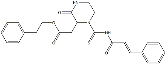 phenethyl 2-[3-oxo-1-({[(E)-3-phenyl-2-propenoyl]amino}carbothioyl)-2-piperazinyl]acetate Structure