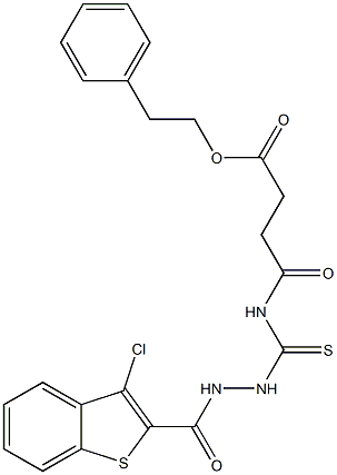 phenethyl 4-[({2-[(3-chloro-1-benzothiophen-2-yl)carbonyl]hydrazino}carbothioyl)amino]-4-oxobutanoate 结构式