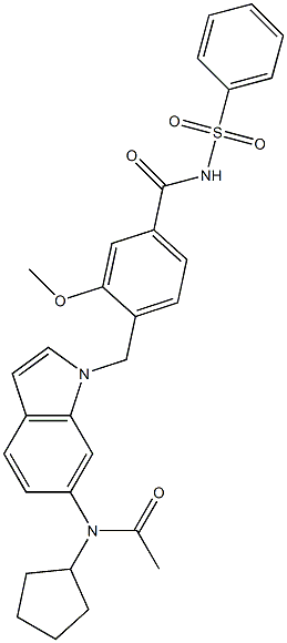 4-[6-(Cyclopentylacetylamino)-1H-indol-1-ylmethyl]-3-methoxy-N-phenylsulfonylbenzamide Struktur