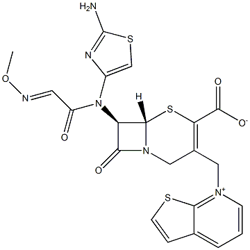 (7R)-7-[(2-アミノ-4-チアゾリル)(メトキシイミノ)アセチルアミノ]-3-[[(チエノ[2,3-b]ピリジン-7-イウム)-7-イル]メチル]セファム-3-エン-4-カルボン酸 化学構造式