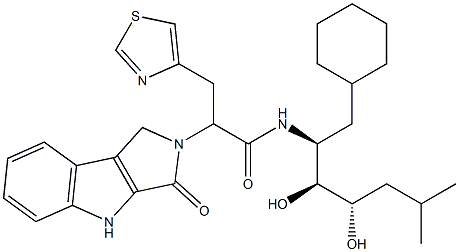 3-(4-チアゾリル)-2-[(1,2,3,4-テトラヒドロ-3-オキソピロロ[3,4-b]インドール)-2-イル]-N-[(1S,2S,3S)-1-シクロヘキシルメチル-2,3-ジヒドロキシ-5-メチルヘキシル]プロピオンアミド 化学構造式