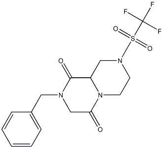 Hexahydro-2-benzyl-8-[(trifluoromethyl)sulfonyl]-4H-pyrazino[1,2-a]pyrazine-1,4(9aH)-dione 结构式
