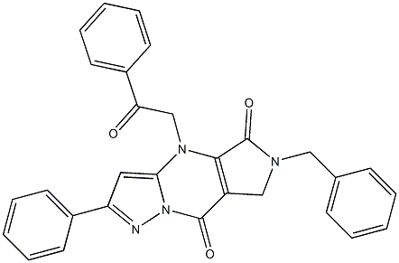 6,7-Dihydro-6-benzyl-4-(2-oxo-2-phenylethyl)-2-phenyl-4H-1,4,6,8a-tetraaza-s-indacene-5,8-dione Struktur