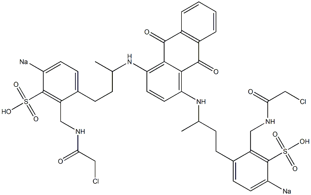 4,4'-[(9,10-ジヒドロ-9,10-ジオキソ-1,4-アントラセンジイル)ビス[イミノ(3-メチル-3,1-プロパンジイル)]]ビス[3-[[(クロロアセチル)アミノ]メチル]ベンゼンスルホン酸ナトリウム] 化学構造式