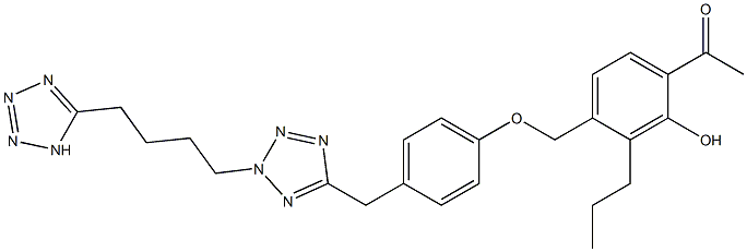 2'-ヒドロキシ-3'-プロピル-4'-[[4-[2-[4-(1H-テトラゾール-5-イル)ブチル]-2H-テトラゾール-5-イルメチル]フェノキシ]メチル]アセトフェノン 化学構造式