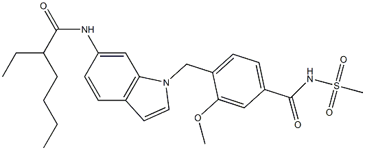 4-[6-(2-Ethylhexanoylamino)-1H-indol-1-ylmethyl]-3-methoxy-N-methylsulfonylbenzamide Struktur